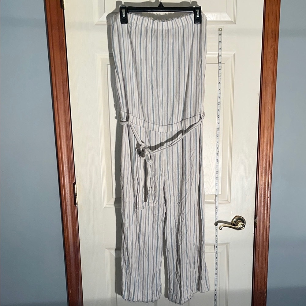 Anthropologie cloth & stone-L-striped-linen blend, strapless, belted, jumpsuit